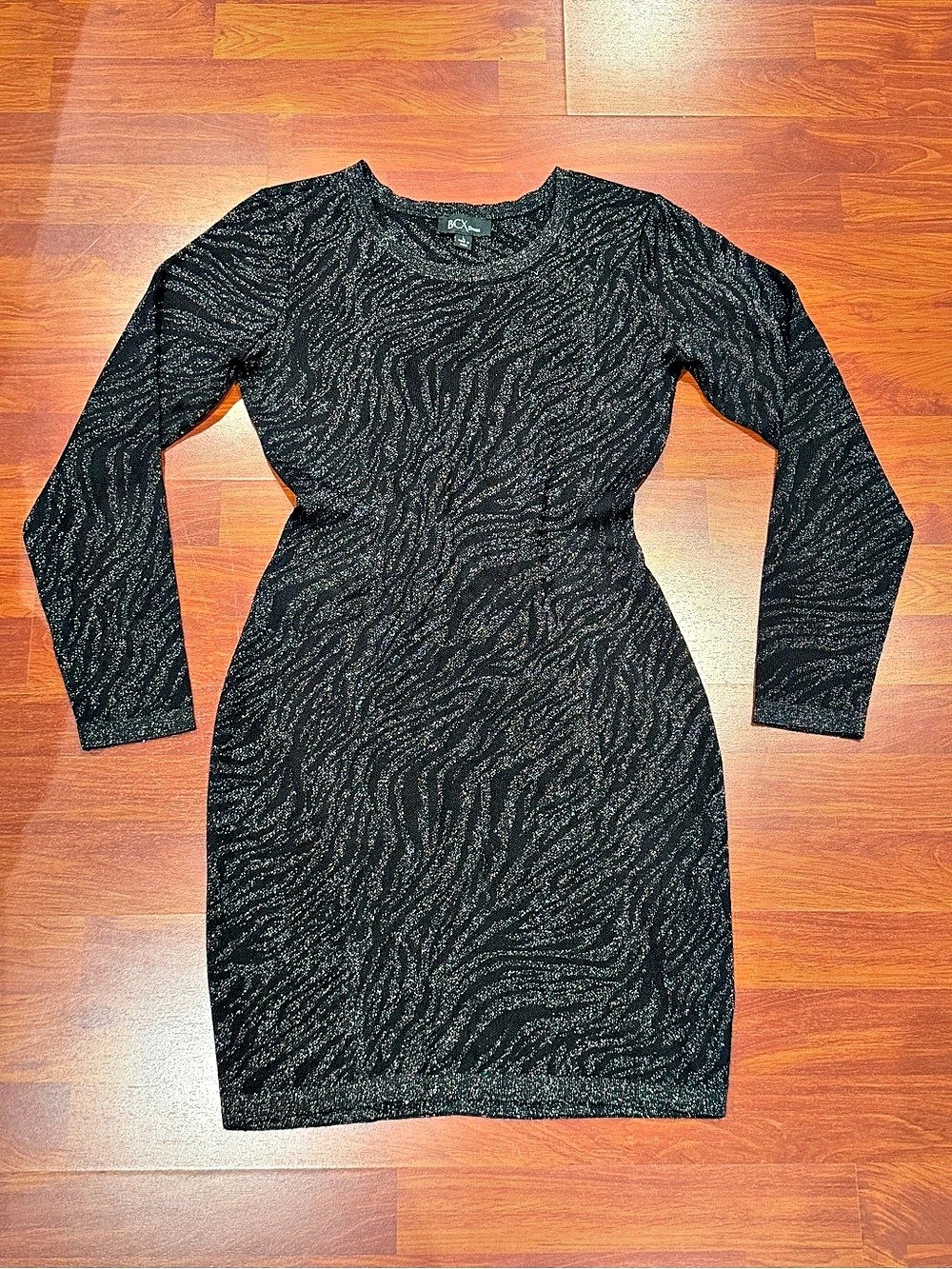 BCX Long Sleeve Mini Dress in Black & Gold Size Large